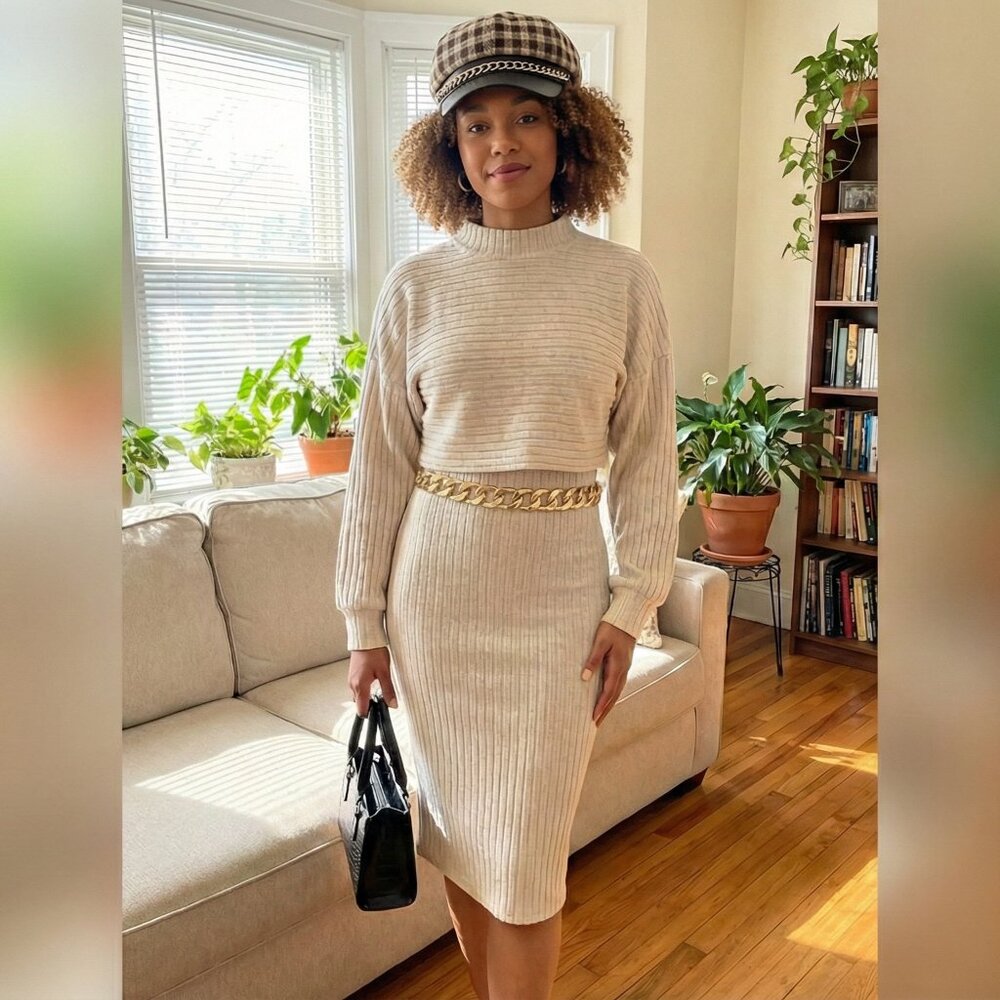 Apricot Ribbed Knit 2PC Sweater Top + Midi Pencil Skirt Set | Size 14